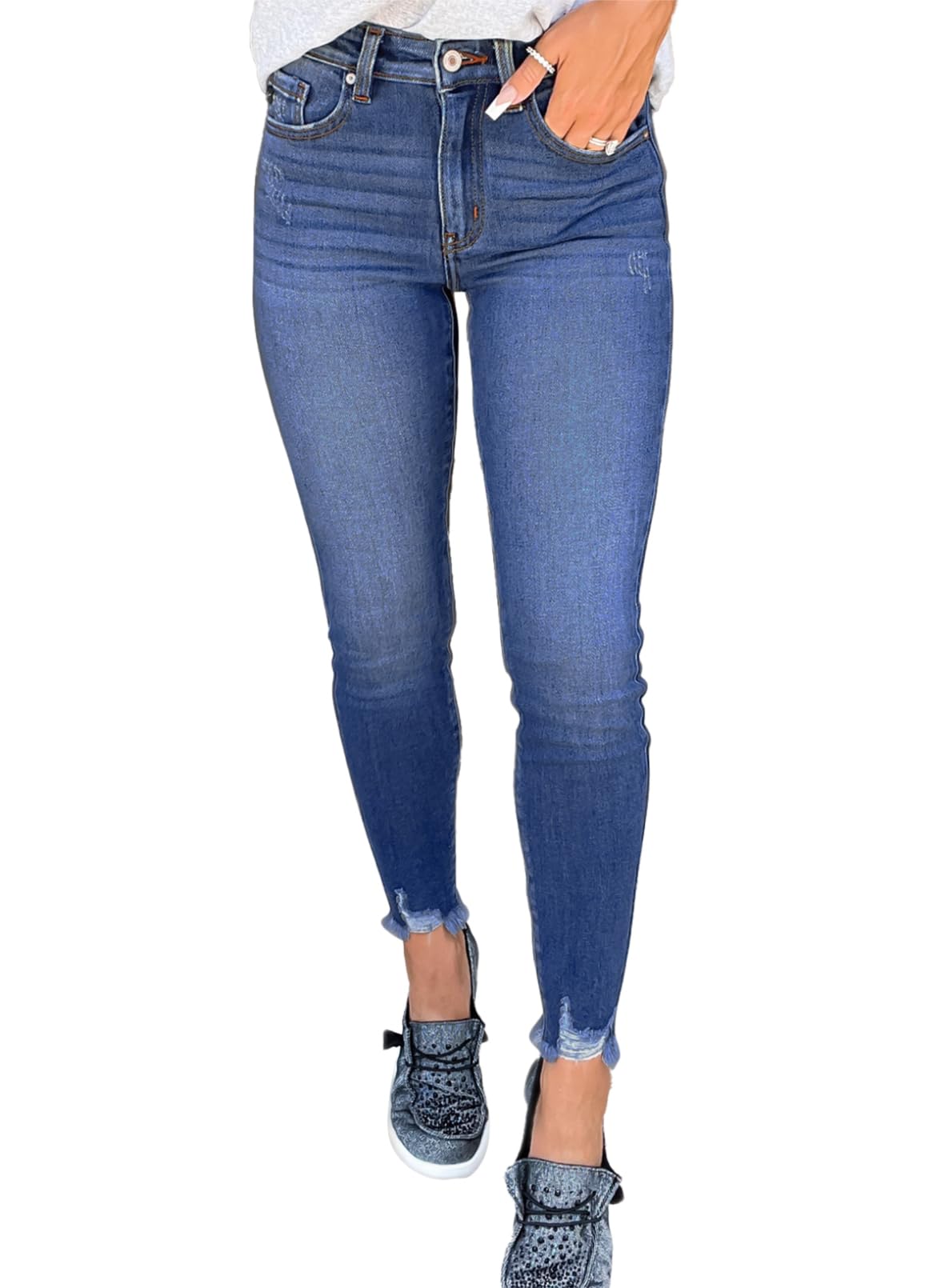 SHEWIN Skinny Raw Hem Jeans for Women High Waisted Stretchy Trendy Slimming Jeggings Ankle Denim Pants with Pockets