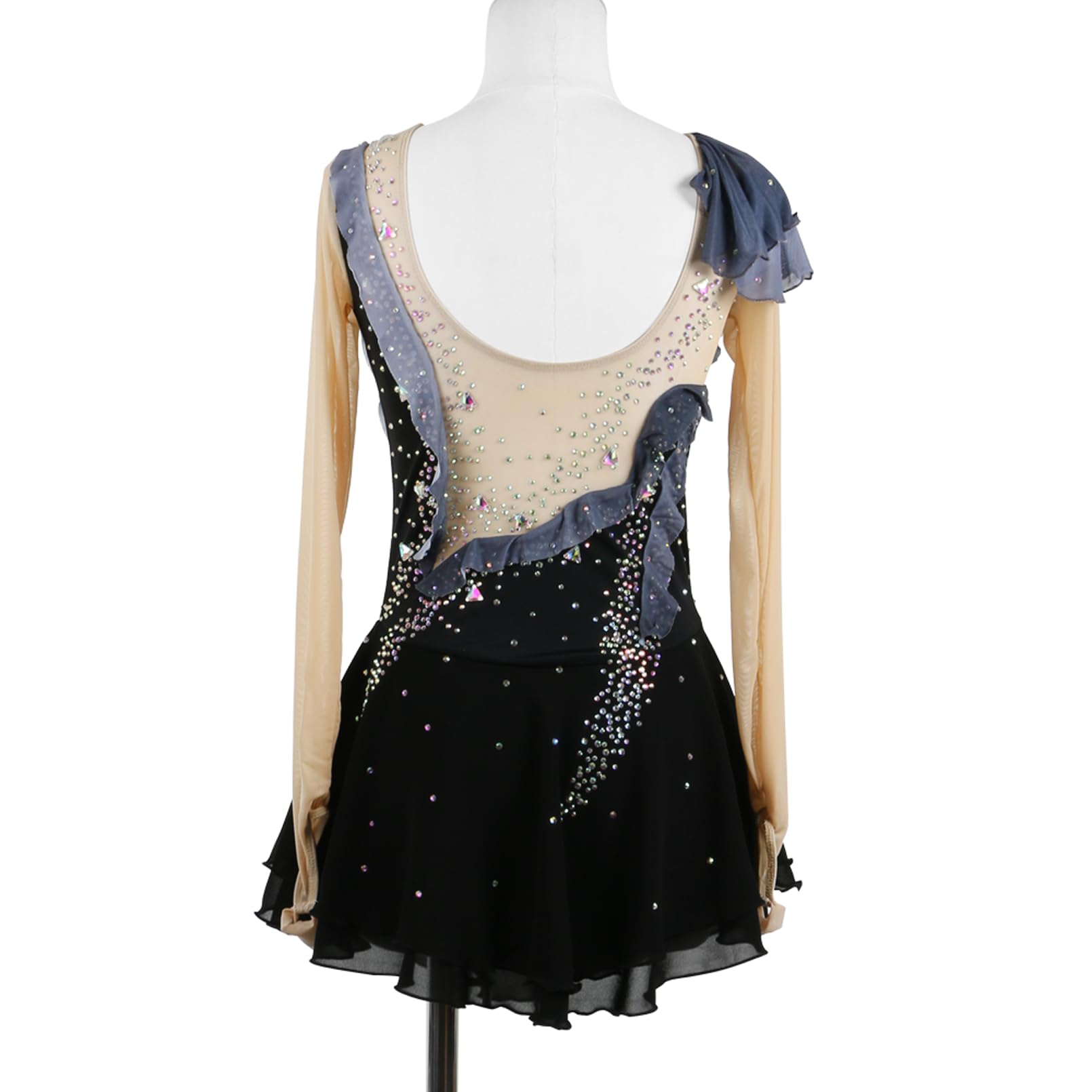 Vestido Patinaje Artístico Mujer Negra Manga Larga/Sin Mangas Pedrería Hecha a Mano Maillot Competición de Niña Vestido de Baile Latino