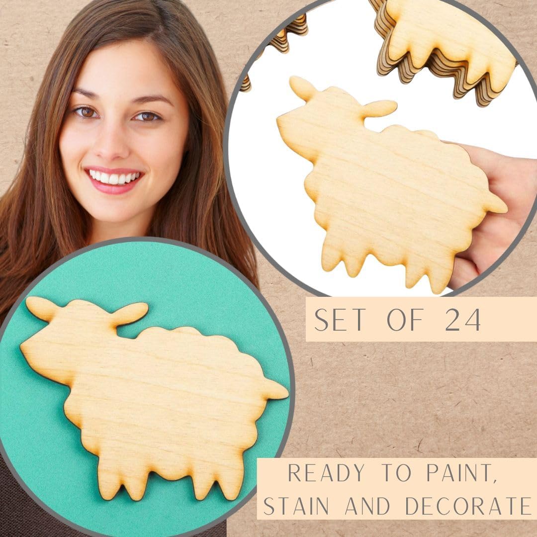 Pack of 24 Unfinished Wooden Sheep Cutouts - Lamb Blank Wood Shapes Ready for DIY Crafts Religious Activities - (5-1/4" L x 4-1/8" W)
