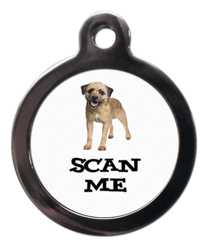 PS Pet Tags - Scan Me Border Terrier Pet ID Tag Disc - Zinc Alloy Metal - Large (32mm) Small (24mm) - Personalised on Reverse