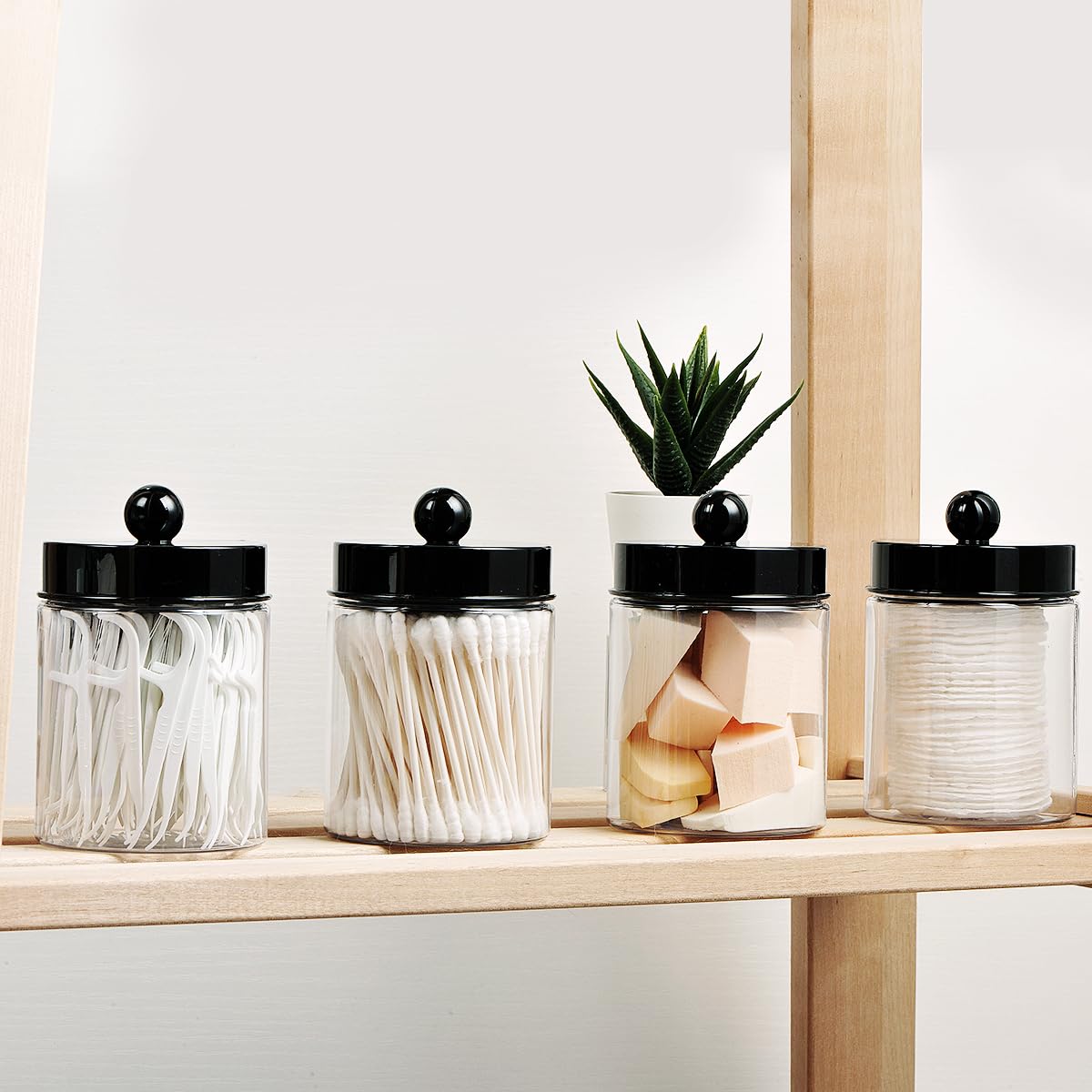 Amolliar Apothecary Jars Bathroom Vanity Storage Organizer Set -Countertop Canister Plastic Acrylic Jar - Farmhouse Decor Qtip Holder for Cotton Swabs,Makeup Sponges,Flossers,Paper Clips-Black (6)