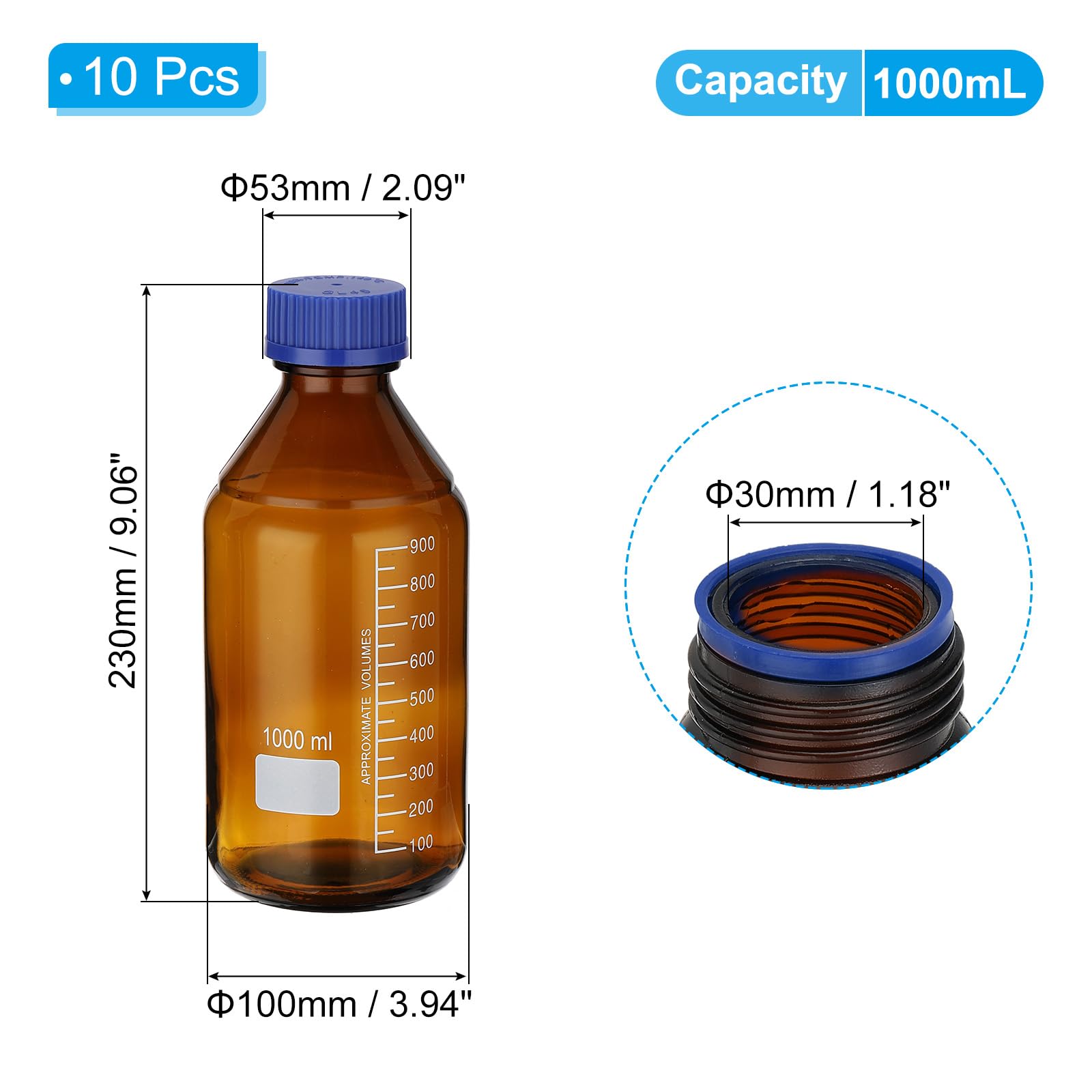 PATIKIL Confezione da 10 bottiglie rotonde per reagenti, in vetro borosilicato, graduate, con tappo a vite GL32 blu, per liquidi reagenti d'acqua di laboratorio, ambrato