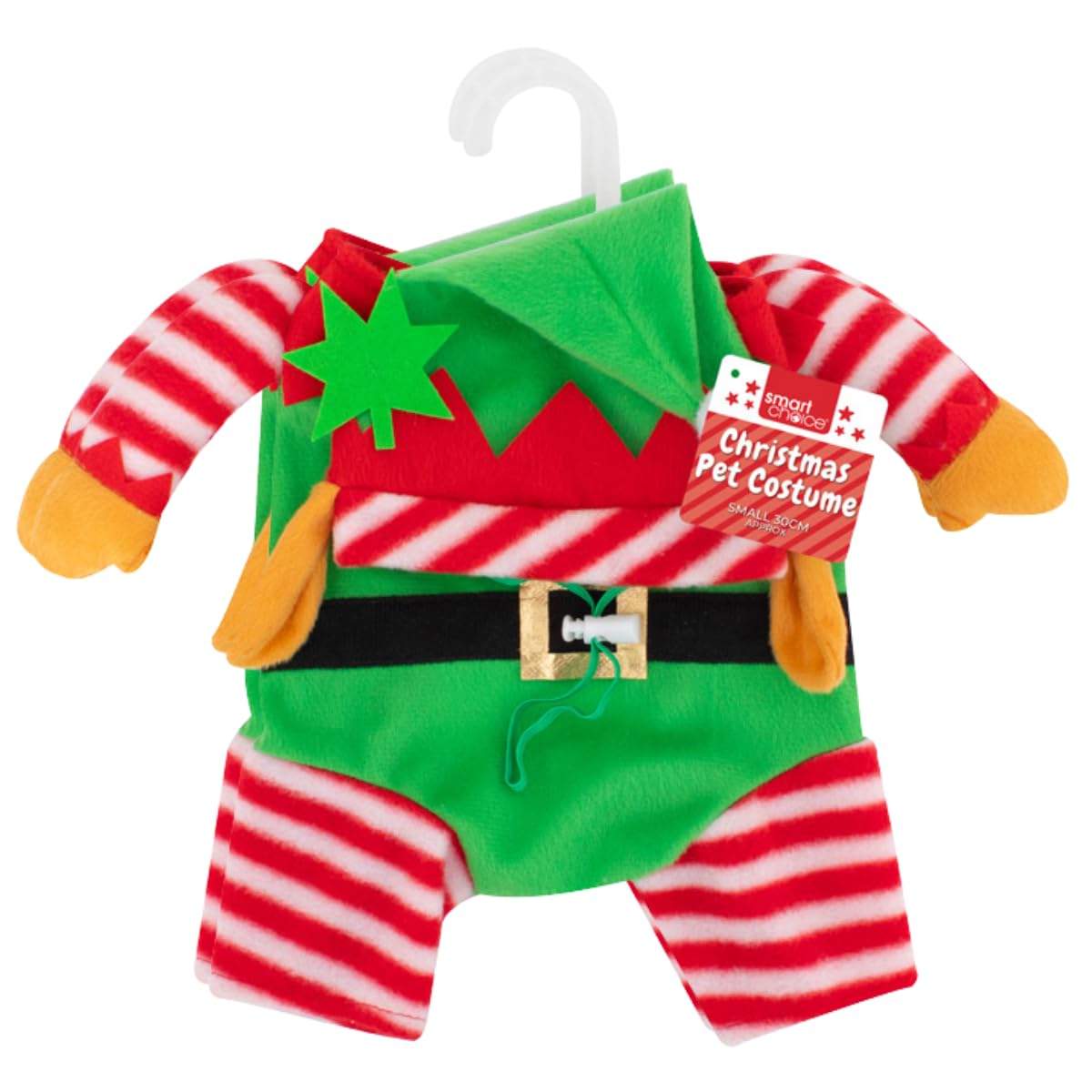 Small Festive Red Green Elf Design Pet Costume Jumper with Harness/Lead Hole – Soft Acrylic Dog Christmas Sweater – Warm & Lightweight Holiday Outfit for Winter Walks & Seasonal Photos