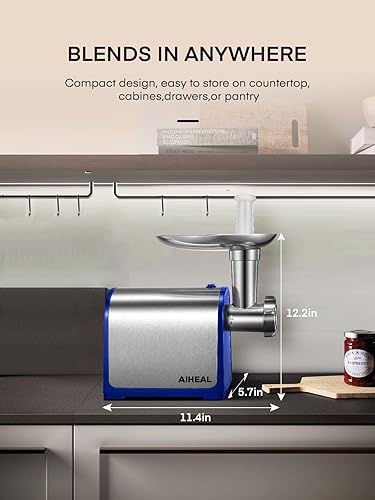Miniatura 8 de Aiheal - Picadora de carne eléctrica, máquina de rellenar salchichas con 2 cuchillas y 3 platos, 2000 W máximo, 3 tubos de relleno de salchichas y