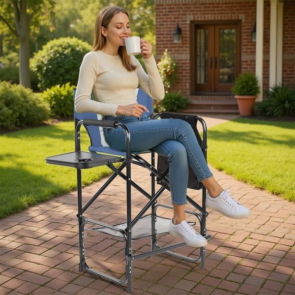 45.1" Tall 31" Seat Height Directors Chair, Folding Makeup Artist Chair with Foldable Side Table, Footrest, Cup Holder, Bottom Mesh Bag Storage Pocket, Camping Chair for Lawn & Yard (45" H Navy)