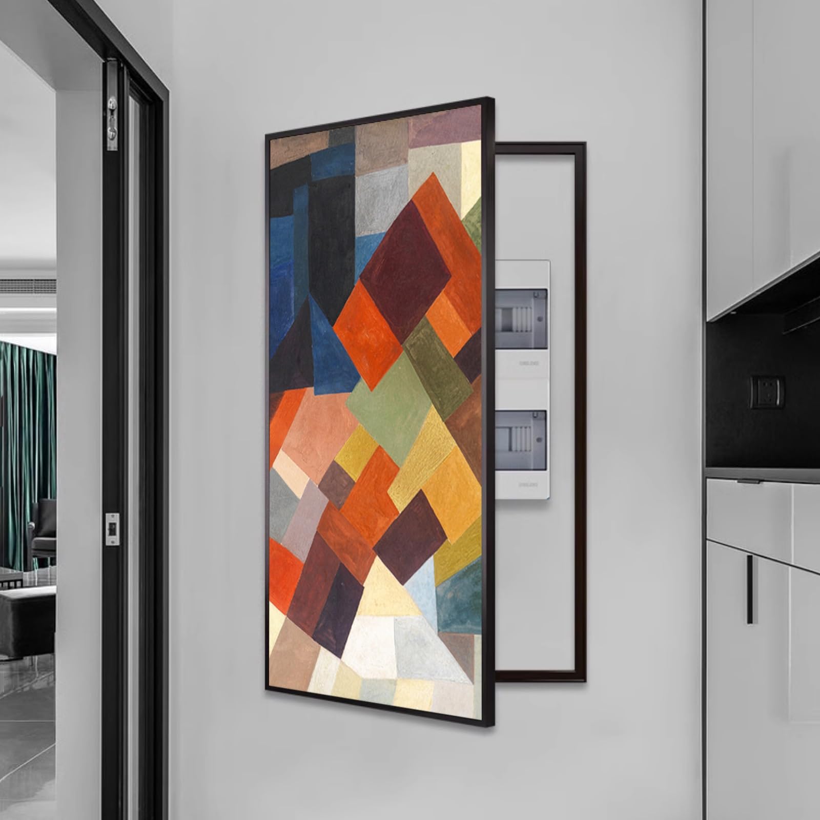 Couverture de boîte de Compteur électrique décorative avec Cadre en Aluminium, Panneau d'art en Porcelaine de Cristal, Protecteur de boîte de décasseur élégant (Noir-F, 60 x 120cm/23.6 x 47.3in)