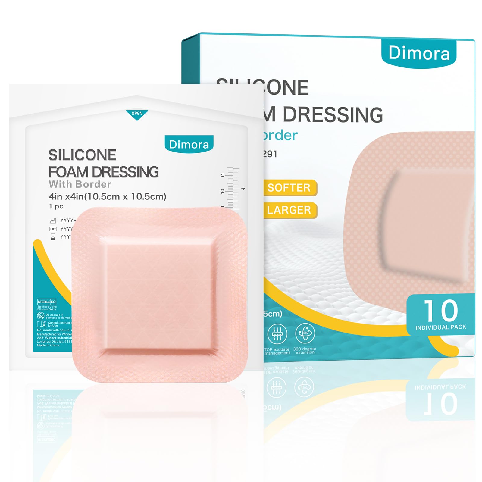 Dimora Ultra Soft Silicone Foam Dressing 4"x4" (10 Pack)- Super Absorbent Wound Dressing with Widened Border, Adhesive Foam Bandages for Bed Sores, Ulcer, Surgical Wound