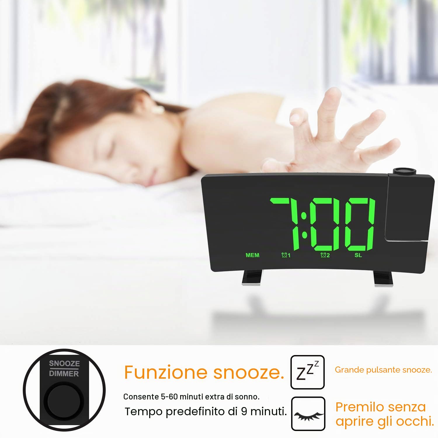 Sveglia con Proiettore Radiosveglia Sveglia Digitale da Comodino, Multifunzionale con Fm Radio 12/24H Display LED a 180°, 3 Livelli di Luminosità, 2 Allarmi e Uscita USB di Ricarica (Verde)