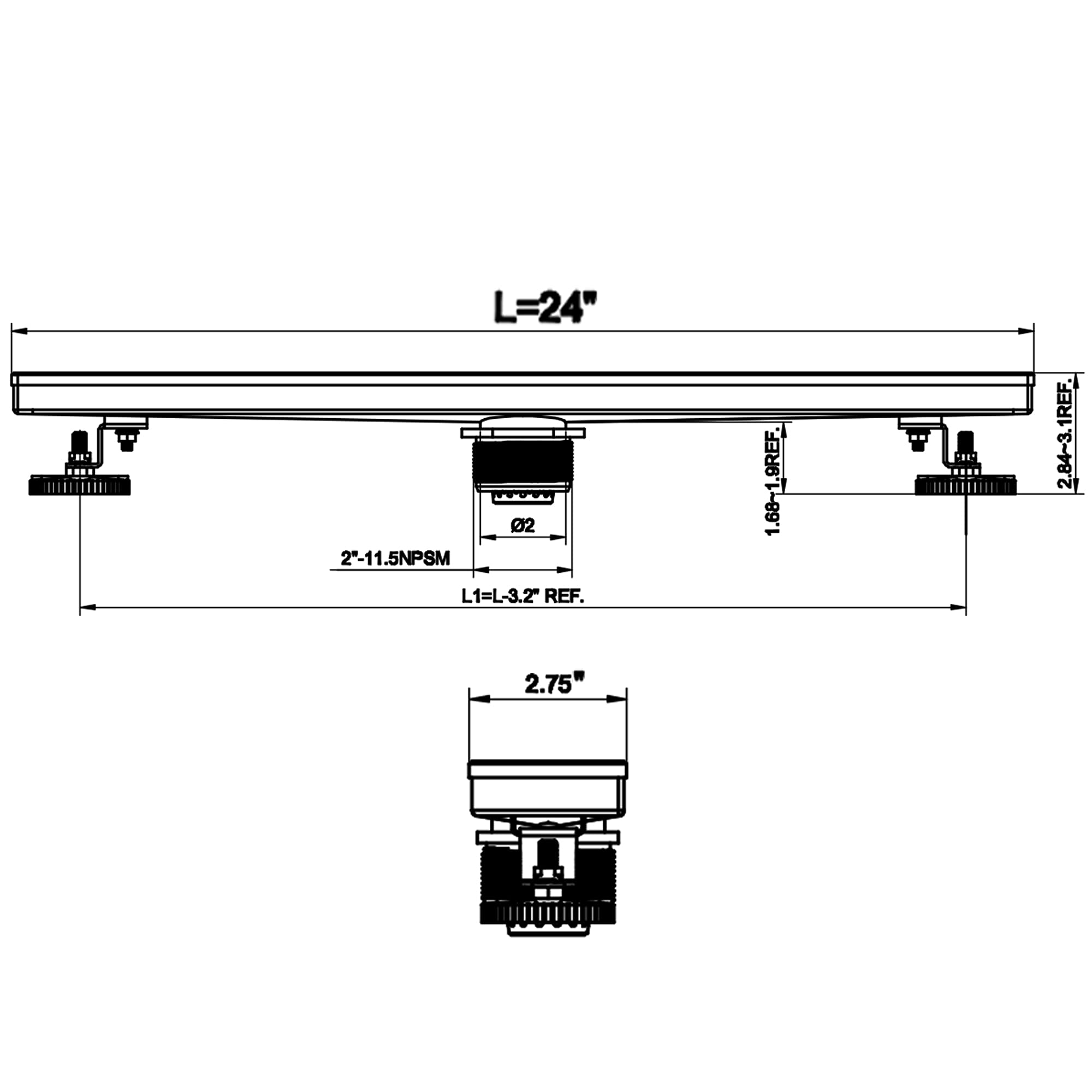 HEATGENE Liniowy odpływ prysznicowy 61 cm, prostokątny odpływ podłogowy ze stali nierdzewnej ze zdejmowaną kratką kwadratową, odpływ prysznicowy z sitkiem do włosów, szczotkowany