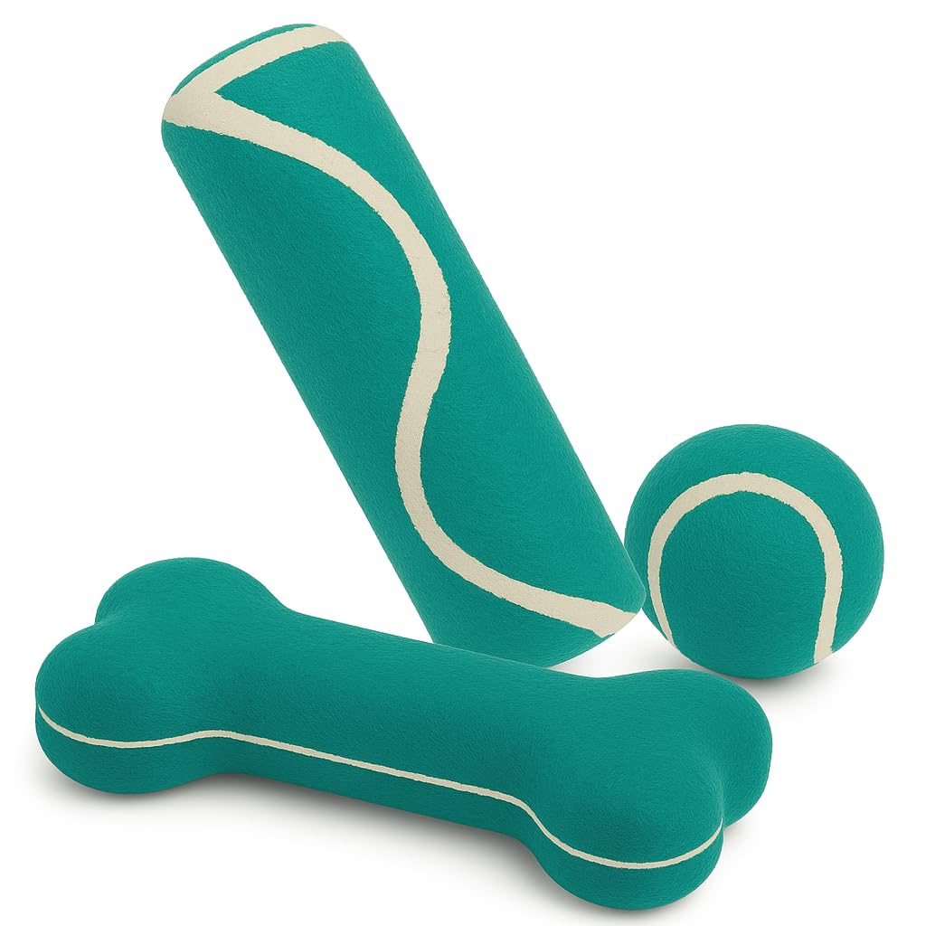 Pet Guru Dog Tennis Ball and Bone & Stick Set, Plush Interactive Toys in Orange, Blue, Green Colors, Medium & Large Size Pet Training Bundle (Sea Green)