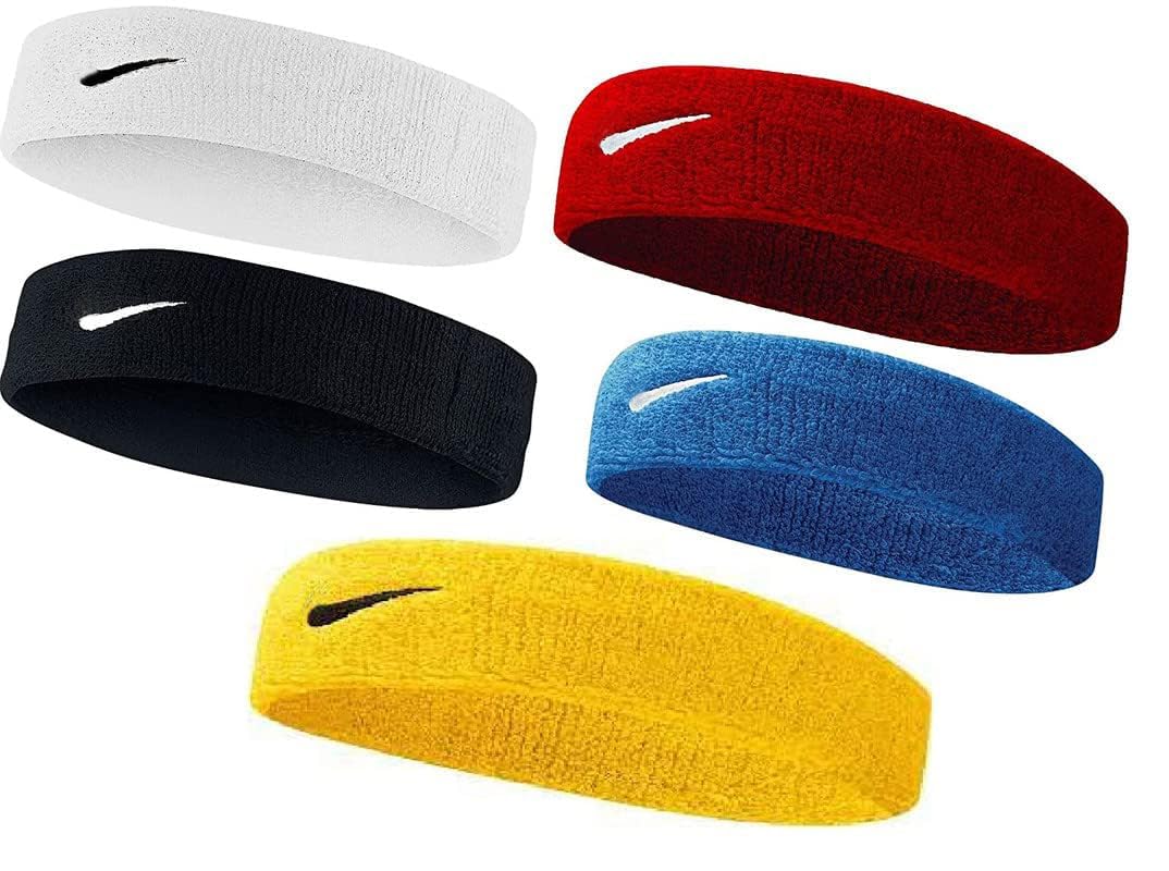 Cotton Sports Headband for Men and Women Gym Workout Yoga Sweatband All Sports Wear Fitness Band Unisex Pack of 5 Red Yellow White Black Blue