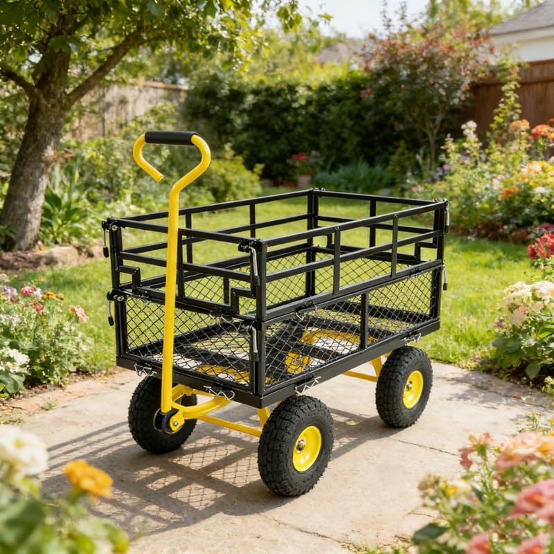 Yellow & Black Heavy-Duty Garden Utility Wagon Cart - 600 lbs Capacity, Inflatable Tires, Multi-Purpose Hauler for Firewood, Yard & Gardening