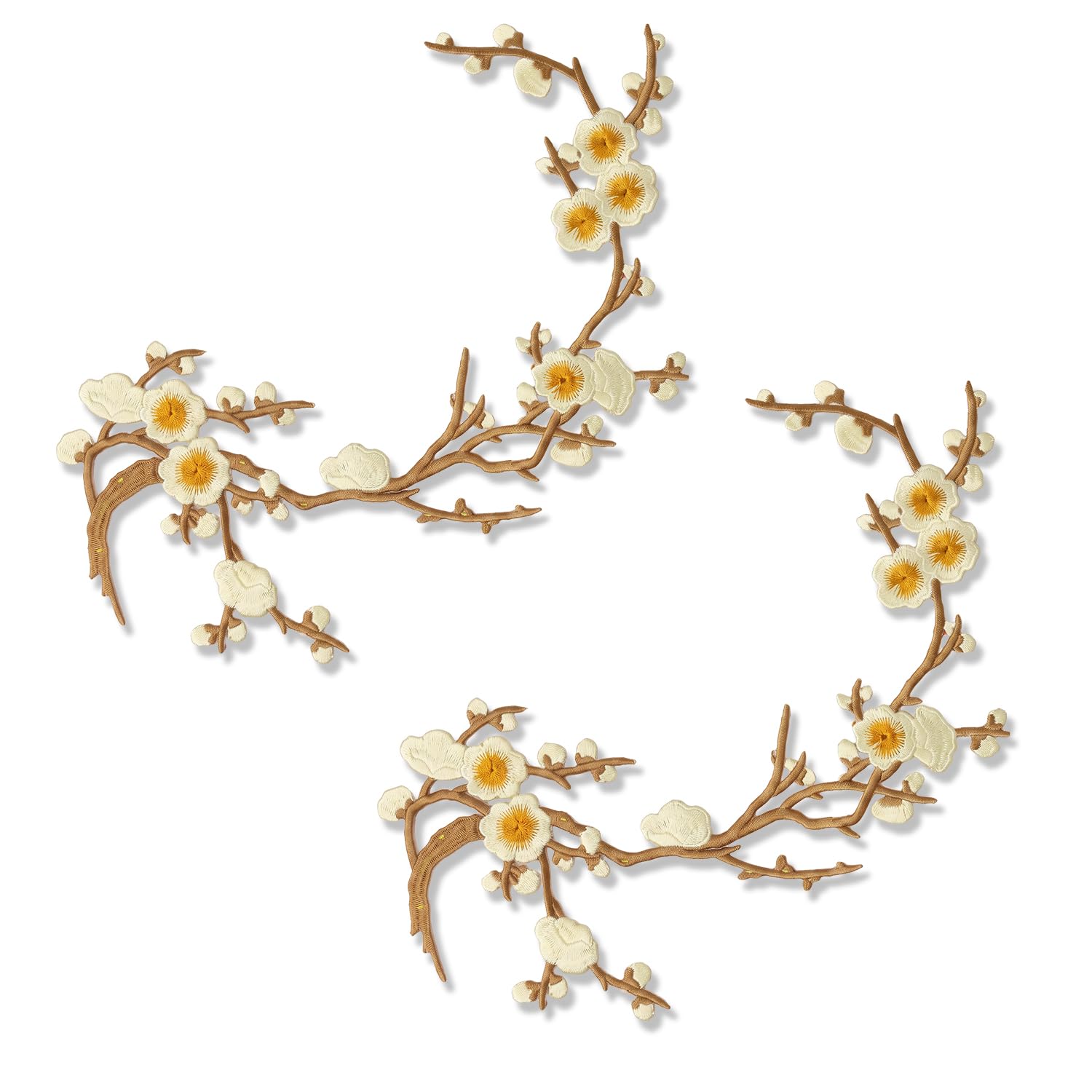 2 Pcs Plum Flower Embroidery Patches | Blossom Iron on Patches Vintage Floral Embroidered Applique for Clothing Jeans Bags DIY Crafts Sewing (Beige Yellow Flowers)