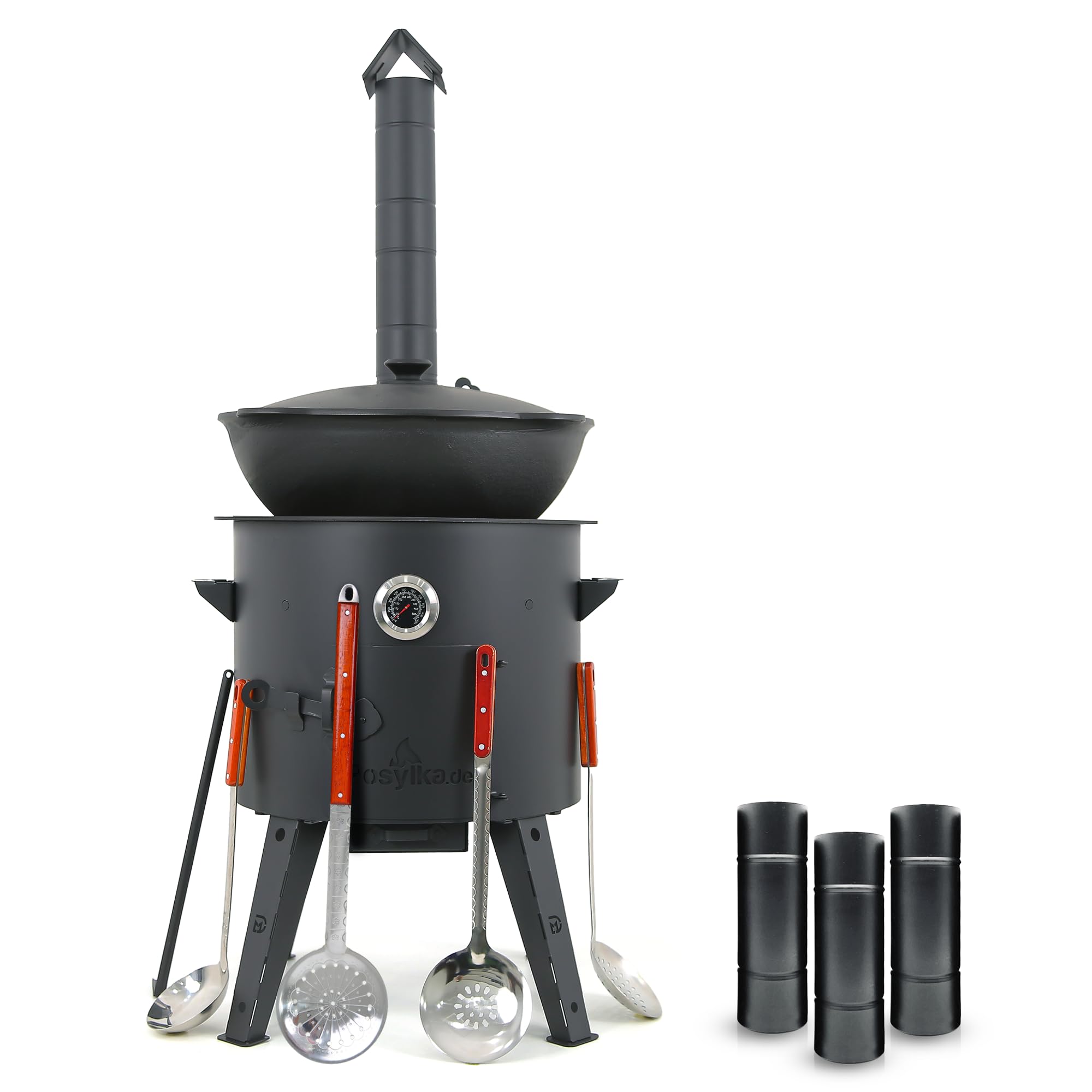 Feuerofen Ø 44cm Herdplatte Ø48 cm Kazan Ø 46,5 cm (16 L) runder Boden Thermometer Schornsteinverlängerung 2Schaumlöffel Schopfkelle 48 cm Schaumlöffel 64 cm (Set - 572)