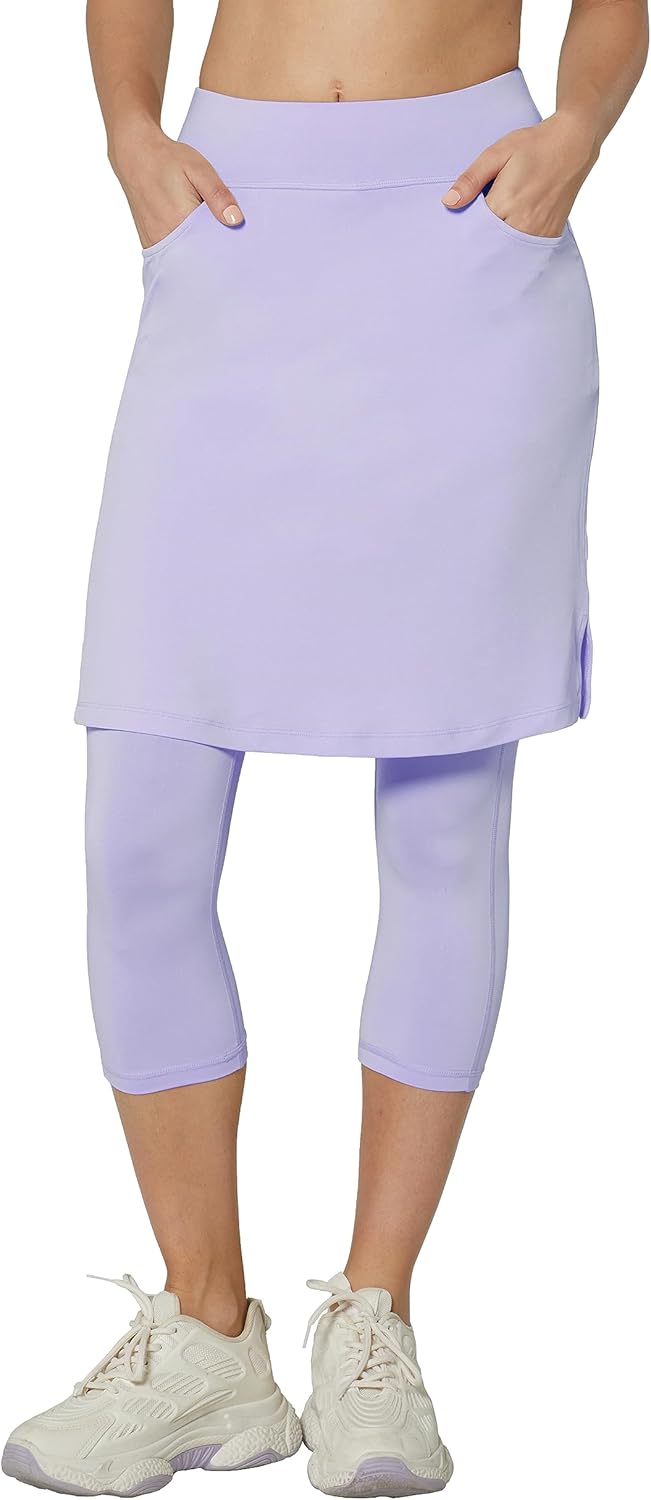 HOKOYI Modest Skirt with Leggings Attached for Women Workout Knee Length Swim Capri Pants with 2 Pockets