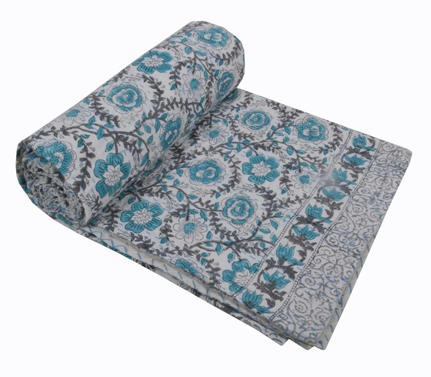 V Vedant Designs Indian Kantha Quilt Block Printed Kantha Blanket Cotton Kantha Bedspread Handmade Coverlet Throw Queen & Twin Size Kantha Bedcover (Blue 02, Queen(90x108))