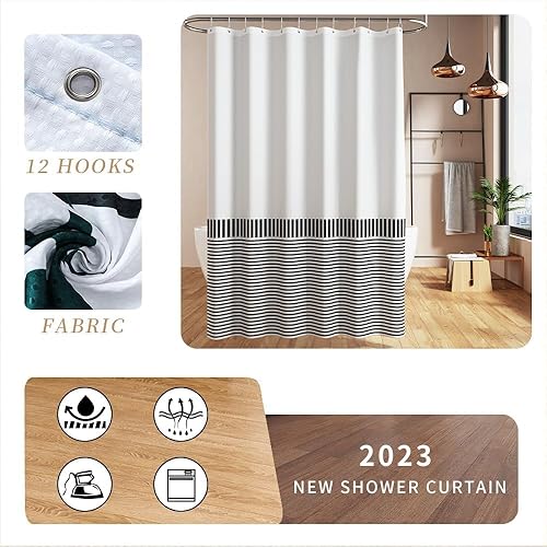 Miniatura 10 de Cortinas de ducha clásicas a rayas blancas y negras, moderna cortina de ducha de granja, 256 GSM, juego de cortinas de ducha de tela de gofre