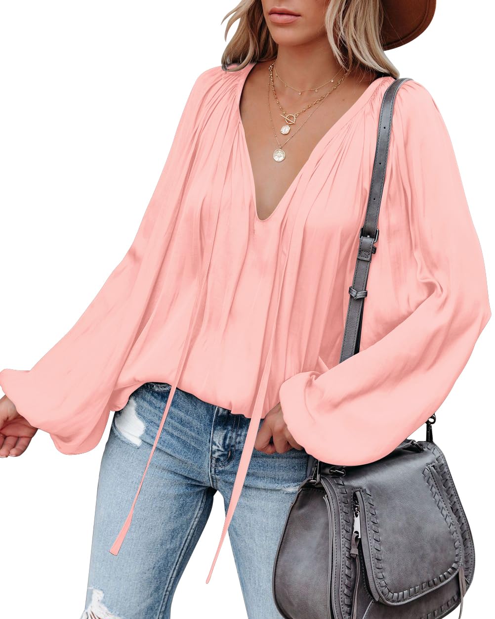 LAMISSCHE Womens Sexy Deep V Neck Blouse Lantern Long Sleeve Chiffon Shirt Oversized Drawstring Silk Satin Tunic