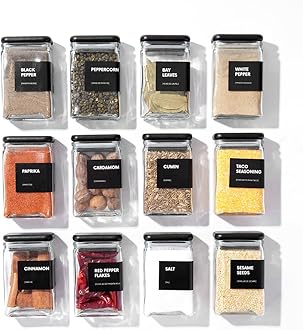 Glass Spice Jars with Labels, 4oz Glass Jars with Bamboo Lids, Square Spice Jars with Labels, Empty Spice Bottles for Seasoning Organizer, Spice Drawer Organizer, 12 Pack (Black)