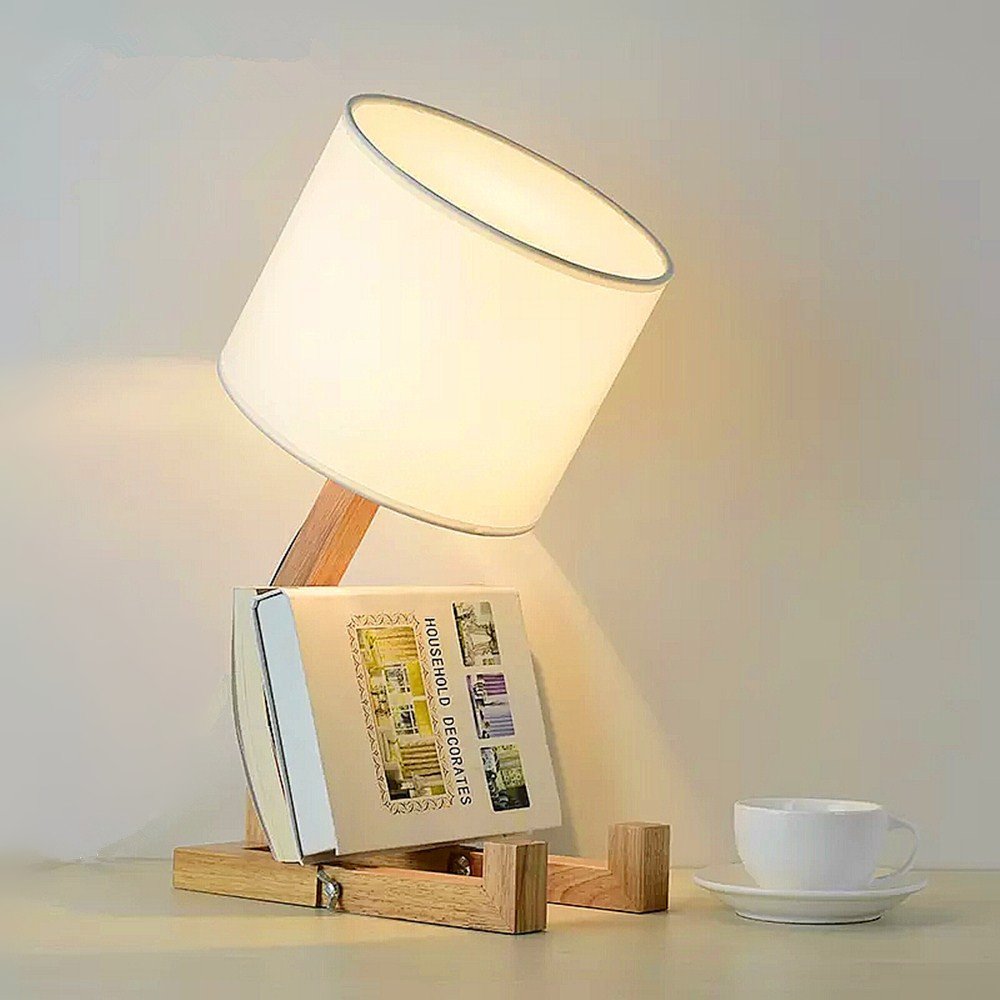 Creativa lampada da scrivania robot, mensola regolabile lampada da comodino in legno con paralumi in tessuto E27 vite per bambini camera da letto ufficio soggiorno illuminazione decorativa