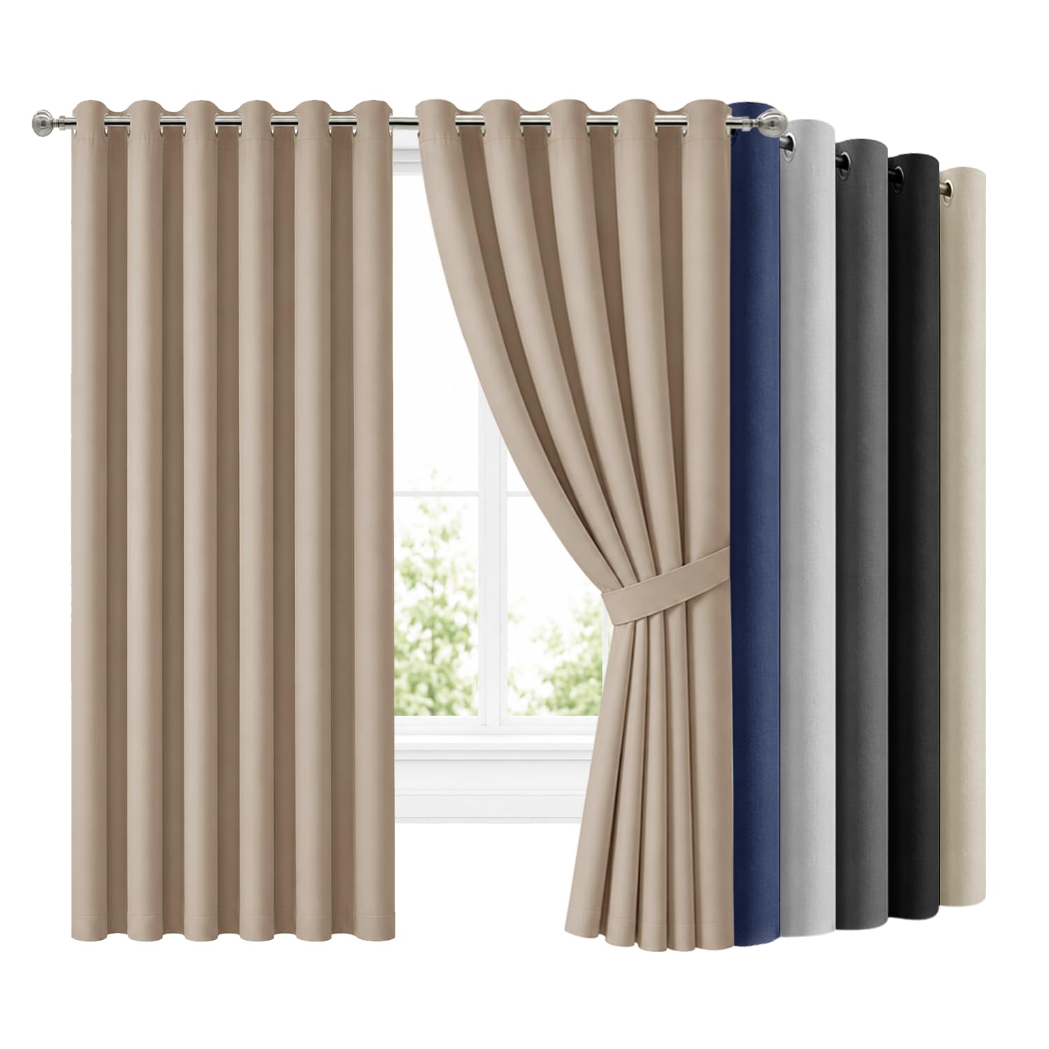 Hafaa Blackout Eyelet Curtains for Living Room 90x90 Inch Beige Curtains for Bedroom Super Soft Thermal Insulated Extra Long Curtain and Drapes 2 Panels with Tiebacks — image 1