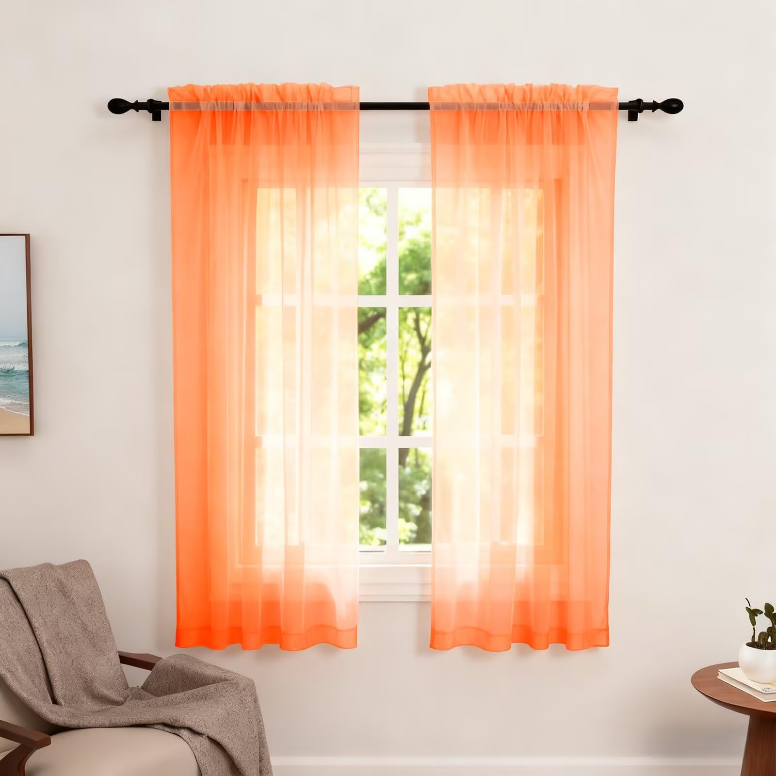 Zdada Net Curtains for Windows 54 Drop, Orange Slot Top Voile Curtains, Semi Transparent Sheer Curtain Net Curtain Panel for Living Room Kitcken W60xL54 Inch,2 Panels — image 1