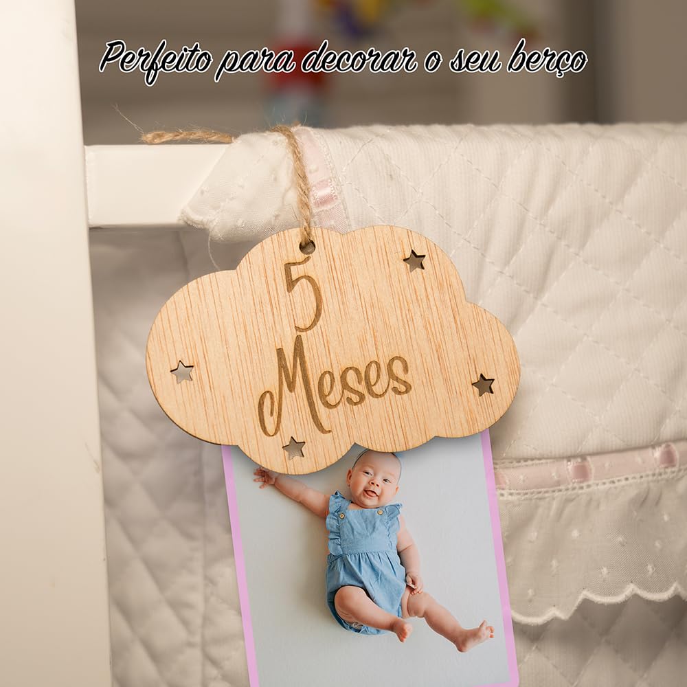B.BachVibes - Emblemas de bebê de madeira - Conjunto com 14 discos mensais - Ideal para fotos de recém-nascidos e presente para chá de bebê (Portugues)