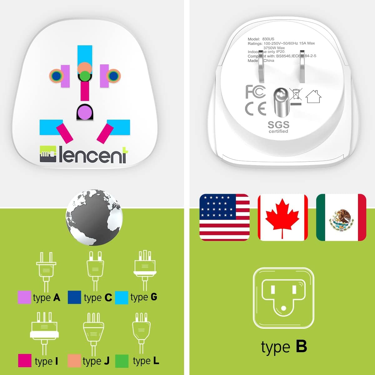 World to US Plug Adapter, [2 Packs] LENCENT European EU Europe/UK/Australia/China/Italy to USA American Outlet Power Adaptor Travel Plug Converter