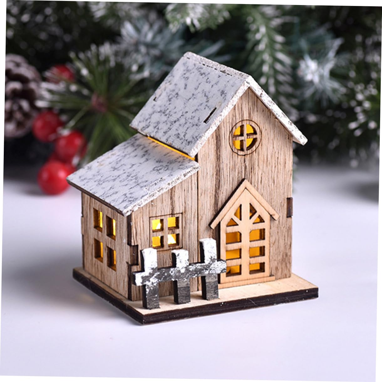 Decorazioni Natalizie in Legno a Forma Di Casa Luminosa 3 Pezzi, Ornamenti Artigianali Luce Led Per Decorazione Da Tavolo Festa Natale Soggiorno