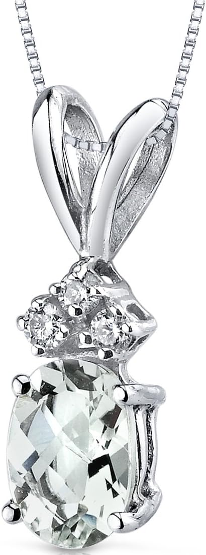 PEORA Green Amethyst with Genuine Diamonds Pendant in 14 Karat White Gold, Dainty Solitaire, Oval Shape, 7x5mm, 100% Natural & Real, Sparkling Green Amethyst Necklace, w/Jewelry Box