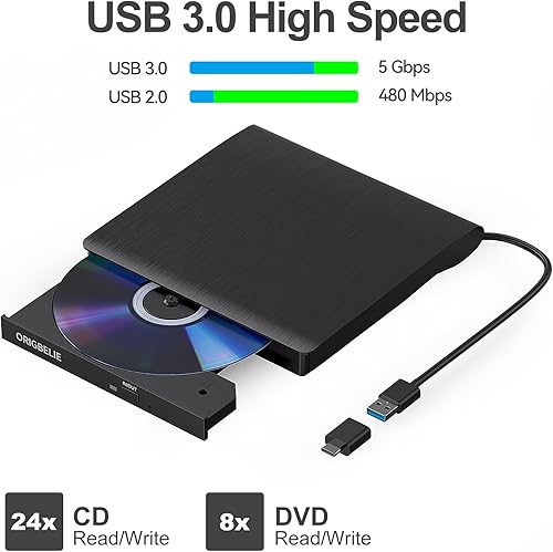 Miniatura 3 de ORIGBELIE Unidad externa de CDDVD para portátil, grabadora de CD USB 3.0, unidad de DVD externa, reproductor de DVD portátil para computadora
