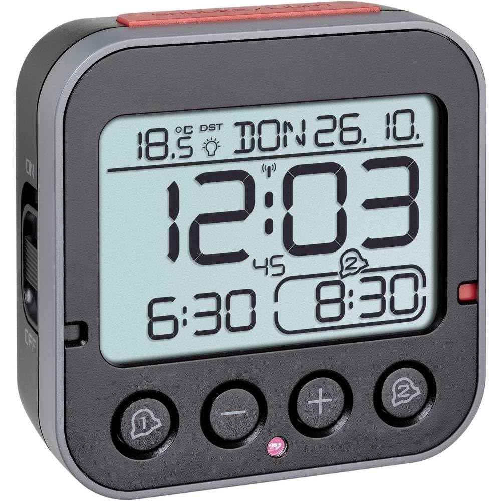 Reloj despertador digital negro para dormitorio con medición de temperatura interna