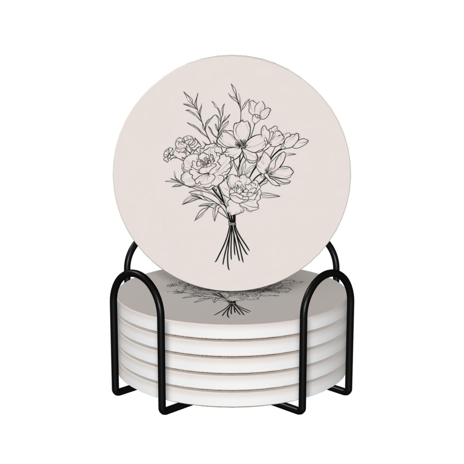 ist Bridal Bouquet Line Art Ceramic Coasters with Holder 6ps