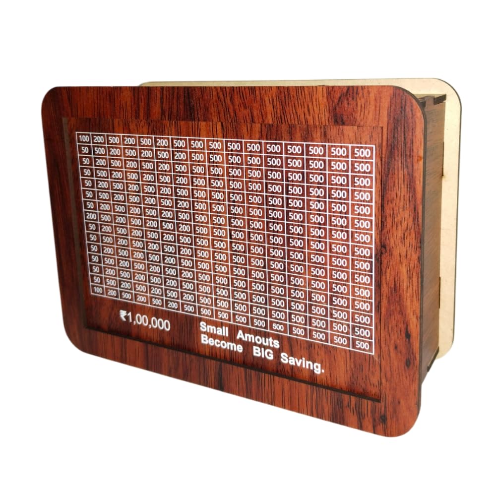 Wooden Money Box with Savings Tracker | 1 Lakh Goal Piggy Bank for Kids & Adults | Cash Collection Bank with Savings Chart |Marker Eraser | Set of 1 | Brown Color.-image-20