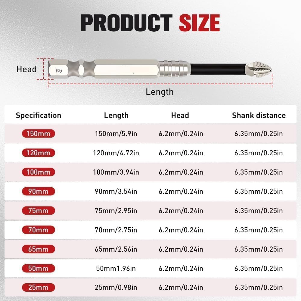 12Pcs High Magnetic Screwdriver Drill Bit Set, 2025 New K5 Impact Resistant Anti-Slip Magnetic Electric Screwdriver Set for Home DIY Professional Use-25 50 65 70 90 150mm