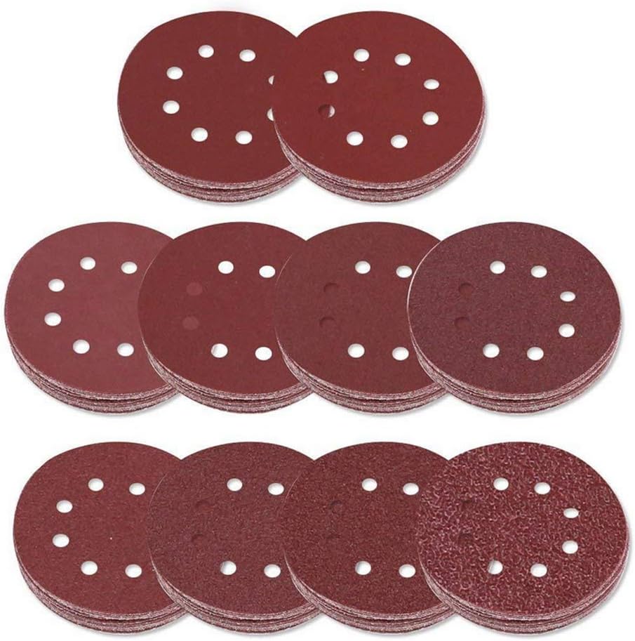 100Pcs Per Box 5 Inch Sanding Discs Pads, Hook and Loop 40, 60, 80, 100, 120, 240, 320, and 600 Assorted Grits for Random Orbital/Bosch Sander(5 Inch, 8 Holes)