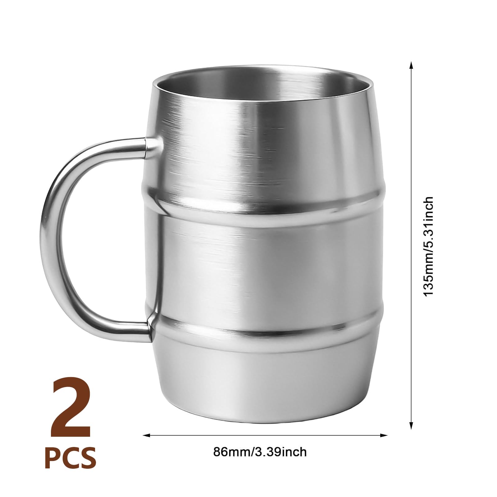 BORDEAG Lot de 2 gobelets isothermes en acier inoxydable - 500 ml - Double paroi - Avec poignée - Chope à bière en acier inoxydable - Pour le quotidien et les activités de plein air - Argenté