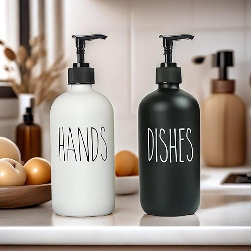 Miniatura 2 de Dispensador de jabón de vidrio de 16 onzas con bomba, juego de baño y cocina, perfecto para decoración de cocina en blanco y negro (negro y blanco)