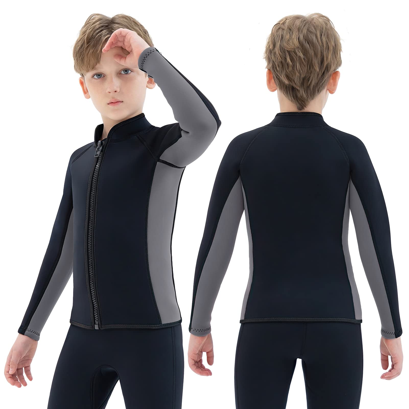 REALON Kids Wetsuit Top Jacket for Boys Girls Toddler Youth, Children's Wet Suit Shirt Neoprene 3mm Long Sleeve Front Zipper Swimsuit for Swimming