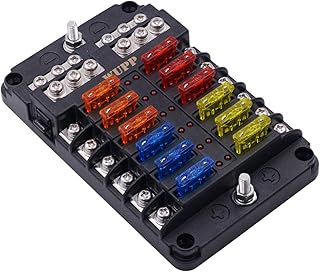Boat Marine Fuse Block Panel with LED Warning Indicator Damp-Proof Cover - 12 Circuits with Negative Bus Fuse Box Holder Screw for Car Marine RV Truck DC 12-24V, Fuses Included
