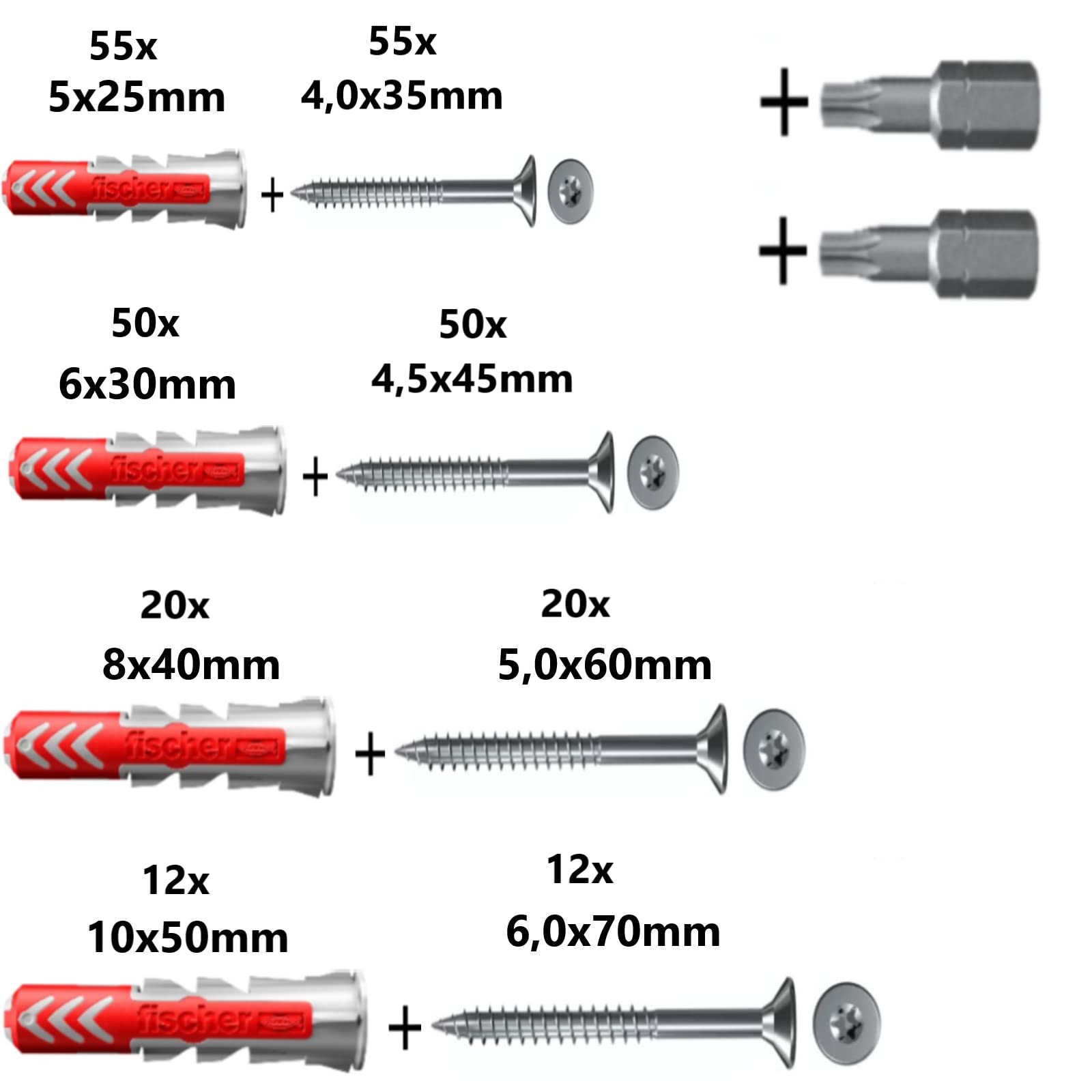 Gramsch Befestigungssortiment Fischer DuoPower Dübel + Torx Schrauben + Bits 277 TEILIG 5x25 6x30 8x40 10x50 mm Sortiment