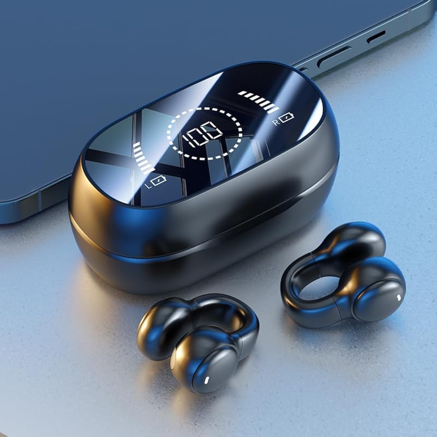 URIZONSBluetooth Ear Clip Headphone Wireless On Ear Earphones - Open air Conduction Sports TWS Earbuds with Mirror Digital Power Display USB C Charge case for Gaming/Sporting - Black