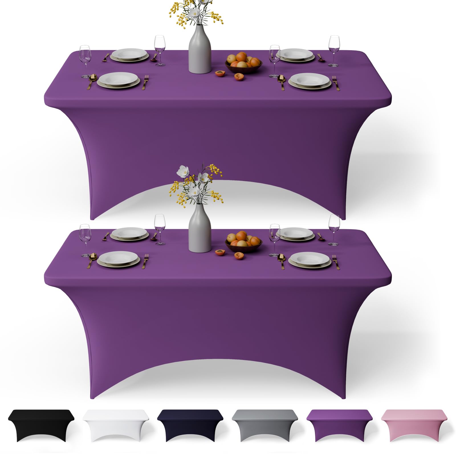 GFCC 4FT Spandex Table Covers 2 Pack - Purple Stretch Fitted Rectangular Tablecloth Washable & Wrinkle Resistant Spandex Tablecloths for Party, Wedding, Banquet, Events & Home