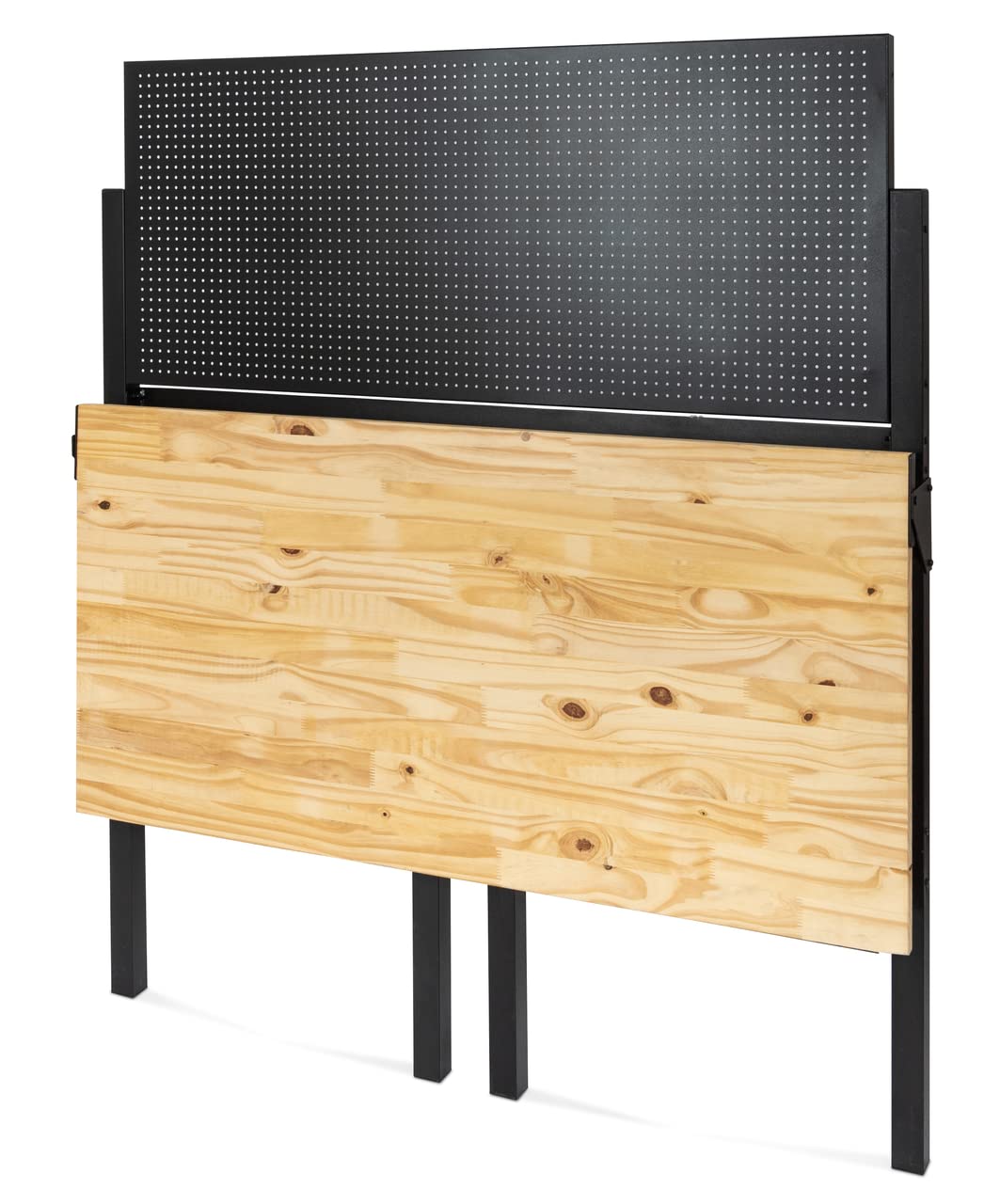 HEMMDAL Werkbank mit Lochrückwand | 150 kg Tragkraft | HxBxT 142 x 121,5 x 64,6 cm | 2,5 cm Starke geölte Holzplatte | klappbar | stabiles Stahlgestell | Profi-Arbeitstisch für Enge Räume