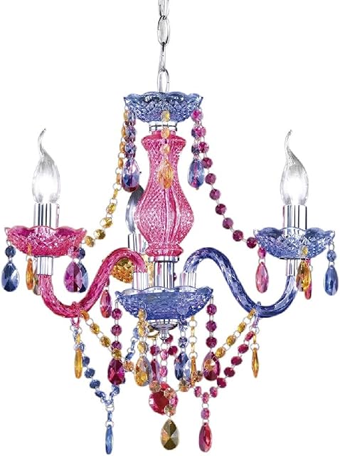 Polished Chrome & Multicolour Acrylic Crystal 3 Lamp Chandelier Pendant Ceiling Light | 46cm Diameter | 3 x SES E14 Lamp Bulbs Required (Not Included) | Traditional Vintage Design