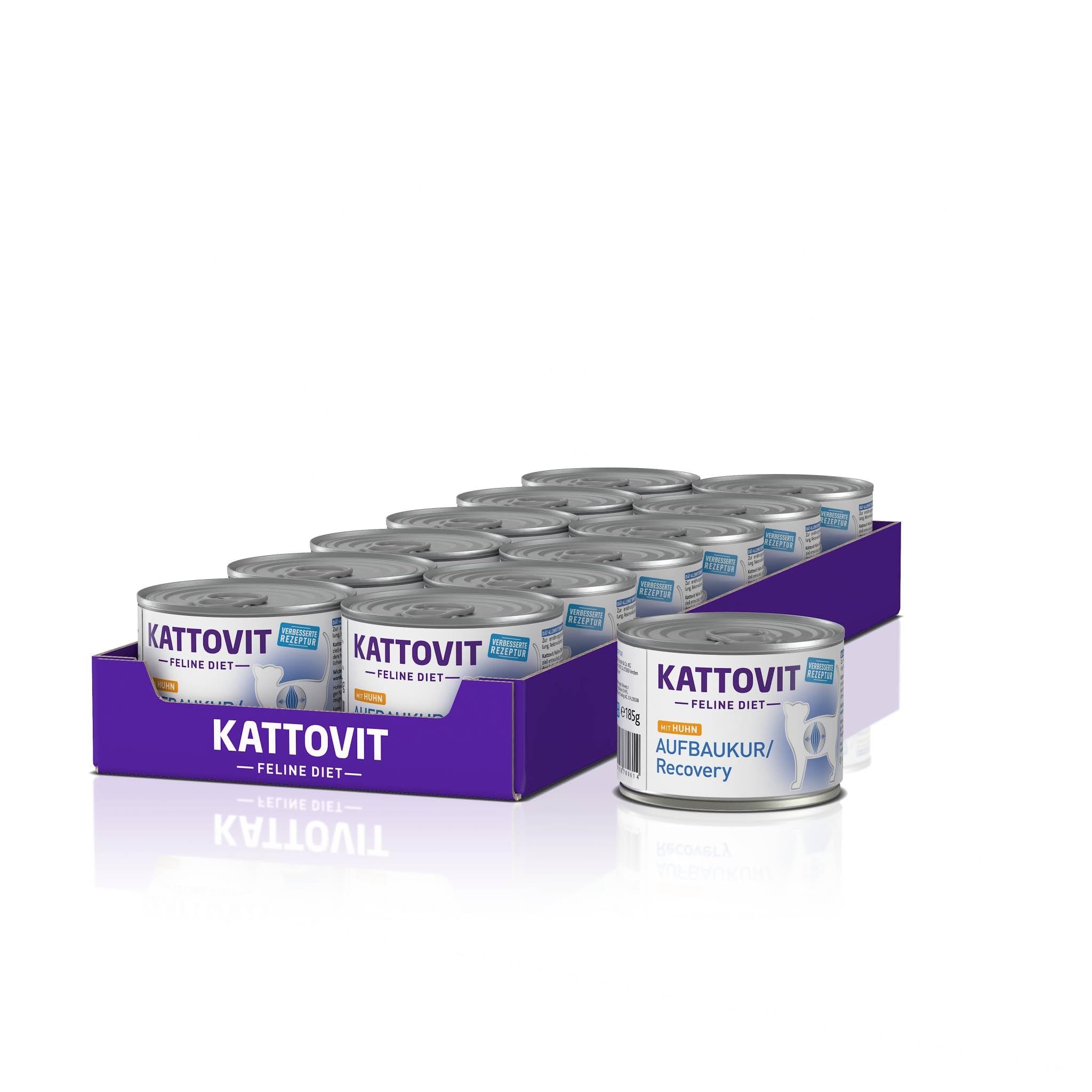 KATTOVIT - Recovery Nassfutter für Katzen | Für Katzen mit Untergewicht, Rekonvaleszenz | Glutenfreies Katzen-Nassfutter für ausgewachsene Katzen | 12 x 185 g Huhn