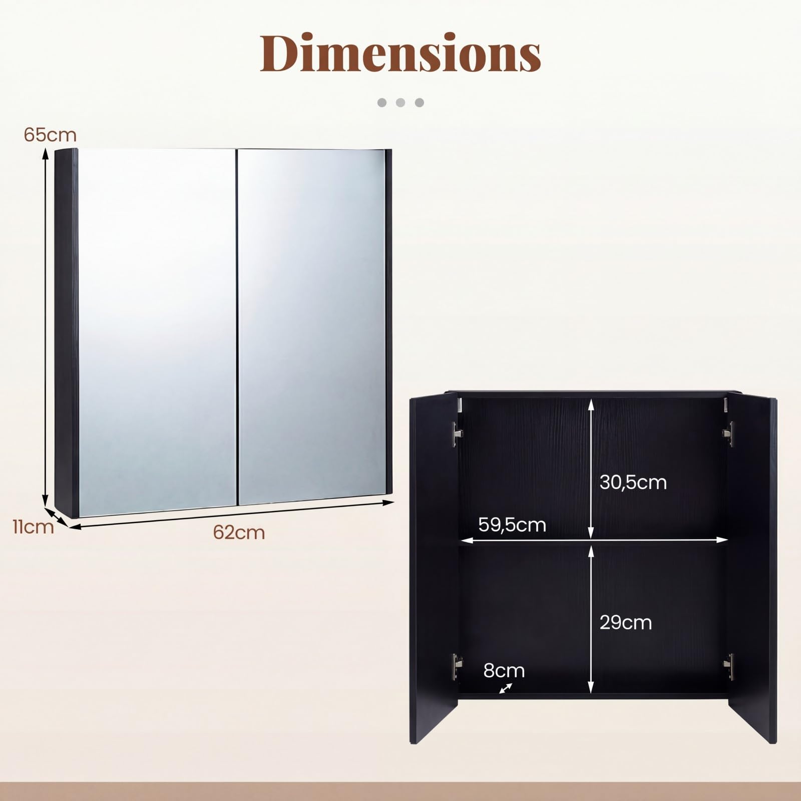 COSTWAY Armoire Murale Salle de Bain avec Miroir, 62 x 65 cm, Meuble Salle de Bain, Placard à 2 Niveaux, Installation en Saillie ou Encastrée, Gain de Place (Noir)