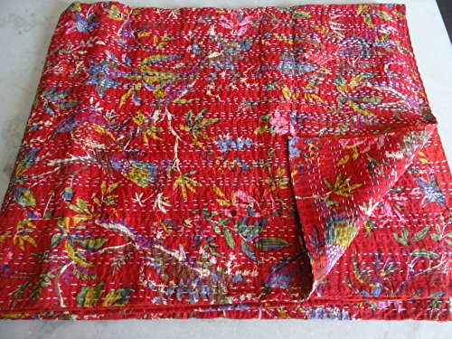 Tribal Asian Textiles Hand Made Bird Print King Size Kantha Quilt, Kantha Blanket, Bed Cover, King Kantha bedspread, Bohemian Bedding Kantha Size 90 Inch x 108 Inch 031