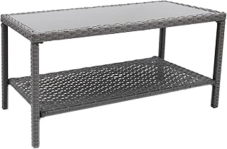 Sponsored Ad - Helios&Hestia Small Rectangle All Weather Wicker Coffee Side End Table with Glass Top for Outdoor Patio, Grey