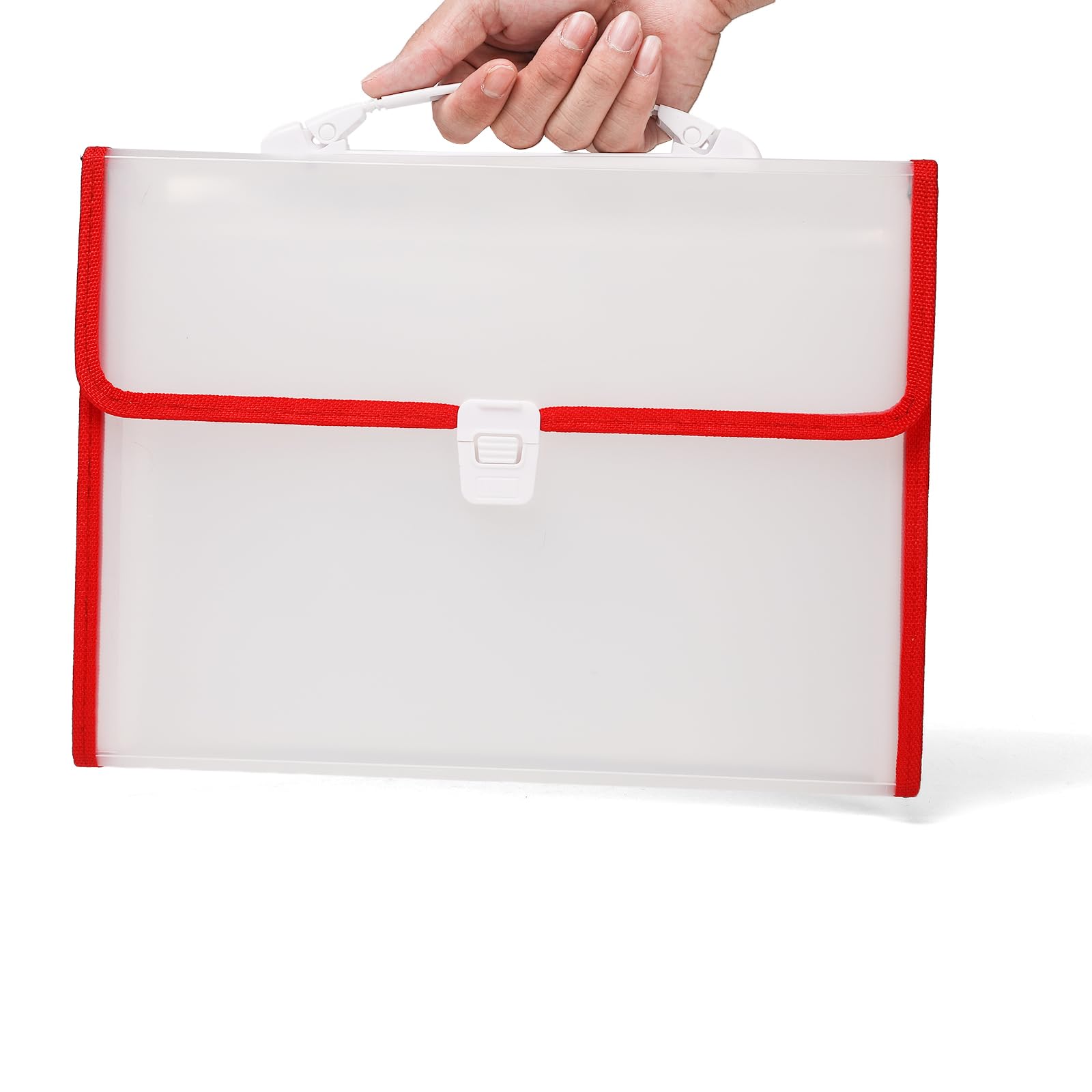 Neomate Cartella portadocumenti espandibile con manico, 13 tasche, formato A4/FS, organizer per documenti e certificati, cartella a fisarmonica trasparente | rosso